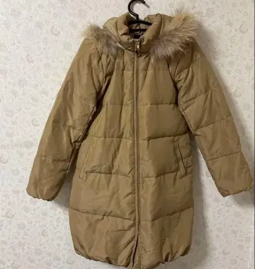 다운 코트 퍼 부착 후드 부착 롱 코트 베이지 L