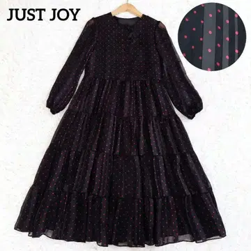 JUST JOY 롱 원피스 A라인 티어드 시어 도트 블랙 S