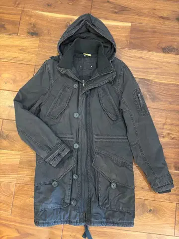 [ 밀리터리 코트 ] 충전솜 후드 부착 모즈 코트 블랙 허리 조절 가능