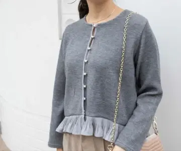 flower 펄 버튼 가디건 프릴 그레이