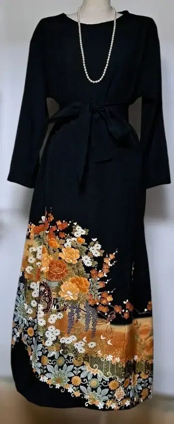 블랙 전통 예복 기모노 리메이크 꽃무늬 롱 드레스