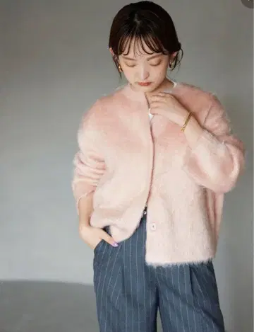 SLOBE IENA 샤기 니트 가디건 핑크