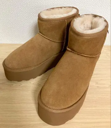 미사용품 BEARPAW 통굽 어그 부츠 24cm 천연 가죽 울