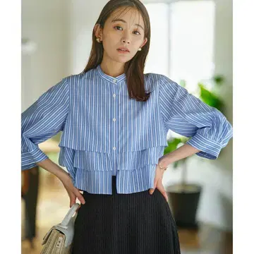 쿠미쿄쿠 프릴 스트라이프 셔츠 칠부 소매