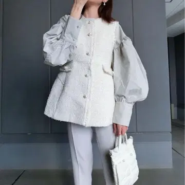 아르페쥬 스토리 펄 버튼 트위드 페플럼 베스트 사이즈: 2 ( M )