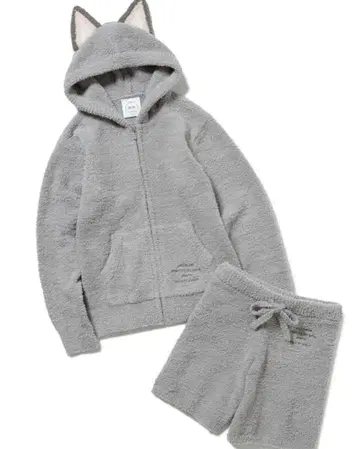 고양이 귀 달린 그레이 플리스 룸웨어 세트 새상품