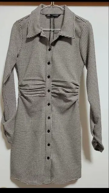 ZARA 원피스 체크 무늬 하운드투스 긴팔 셔츠 원피스