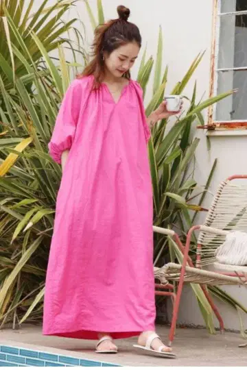 Ungrid 코튼 핑크 롱 원피스 긴팔