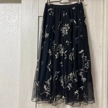 COCO DEAL 블랙 꽃무늬 자수 시스루 롱 스커트