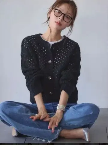 시스루 니트 긴팔 가디건 블랙 ELFRANK