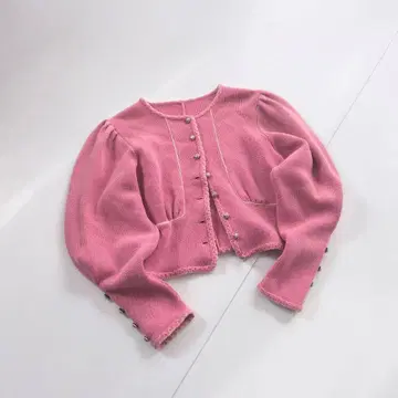 빈티지 로리안 니트 가디건 핑크 퍼프 슬리브 A1