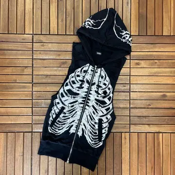 GLAD NEWS 후드 부착 집업 베스트 본 프린트 그런지