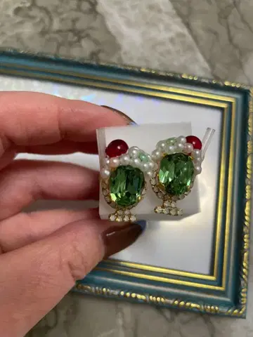 tama 그린 컬러 타원형 비즈 귀걸이 크림 소다