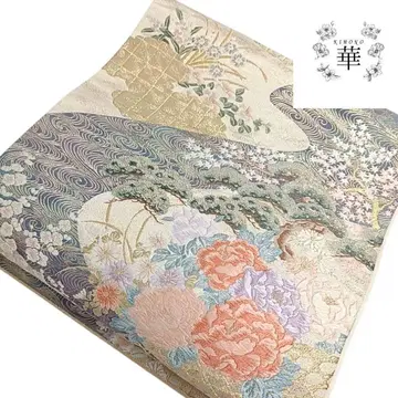 1310 화려한 후쿠로 오비 꽃 모란 흐르는 물 금색 베이지