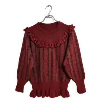 긴팔 니트 S 상당 와인 레드 프릴 귀여운 따뜻한 가을/겨울 캐주얼