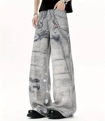 SIPPER CLUB 그레이 페인트 디자인 와이드 팬츠