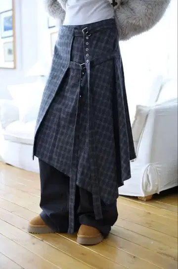 한국 비대칭 그레이 체크 울 롱 스커트 kim9hope