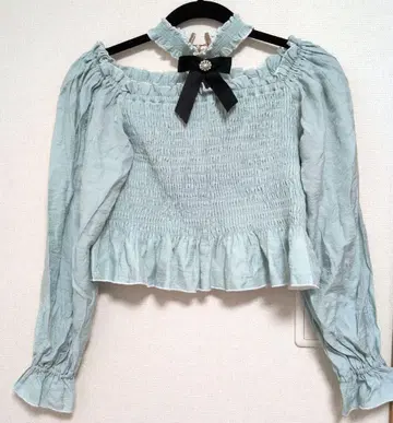 [ 새상품급 ] 로지타 민트 컬러 셔링 블라우스 초커 포함 지뢰계