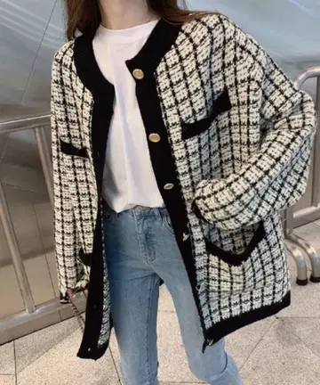 한국 화이트 블랙 트위드 자켓 가디건