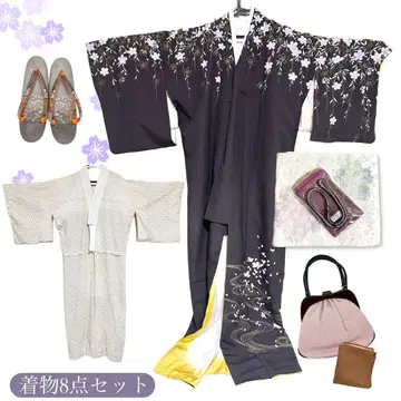 [ 기모노 8점 풀세트 ] 벚꽃 x 흐르는 물 문양 블랙/호몬기/츠케사게