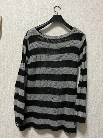 00s 그런지 데미지 가공 보더 니트 스웨터 / 블랙 x 그레이 y2k