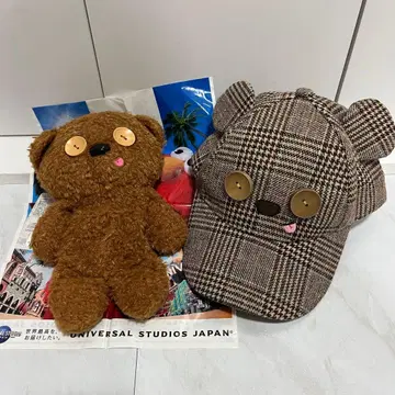 팀 봉제 인형 파우치 체크 무늬 모자 세트