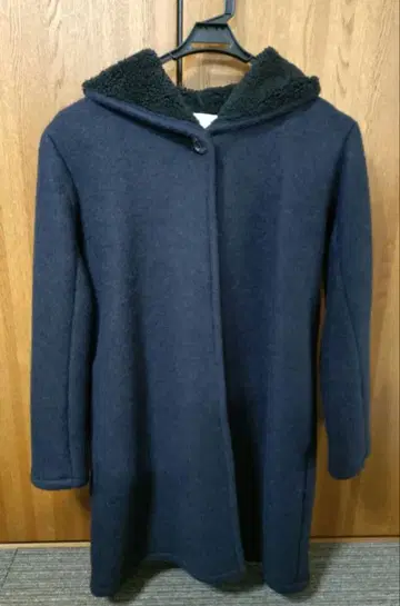 플리스 후드 부착 롱 코트 네이비