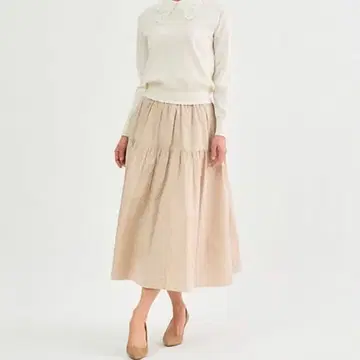 아나이 ANAYI 타프타 티어드 개더 스커트 핑크 베이지 36