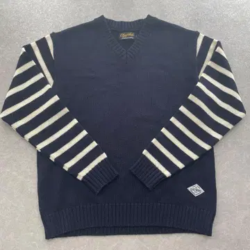 CLUCT 네이비 스트라이프 V넥 니트 스웨터 L