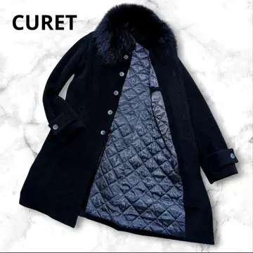새상품급 CURET 블랙 퍼 포함 롱 코트 캐시미어 혼방 코 요테퍼