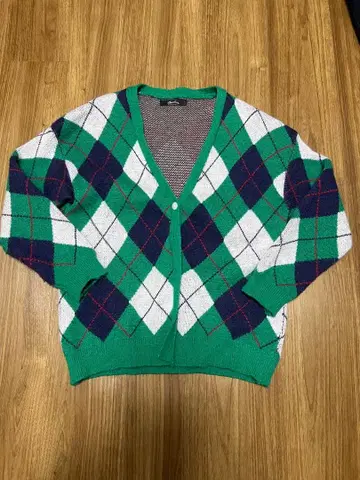 니트 가디건 아가일 무늬 긴팔 그린 시모키타자와 구제 의류 새상품급