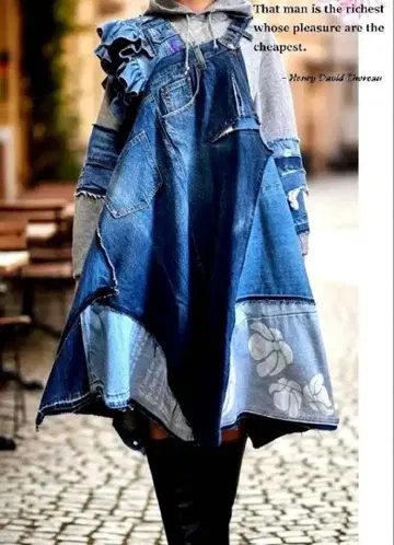 데님 리메이크 루즈핏 후드티 원피스 후드 부착 프릴