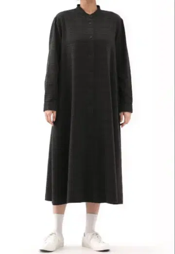 무인양품 양면 기모 플란넬 스탠드 카라 긴팔 원피스 C 그레이 체크 XL