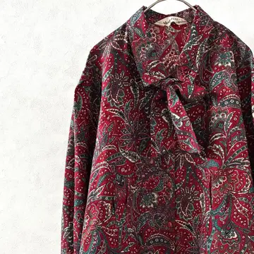 Mode RIE 셔츠 블라우스 긴팔 가슴 리본 꽃무늬 올 패턴 빅 레트로