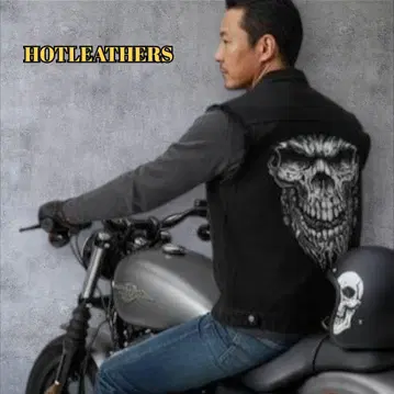 HOTLEATHERS 데님 베스트 프린지 스컬 바이커