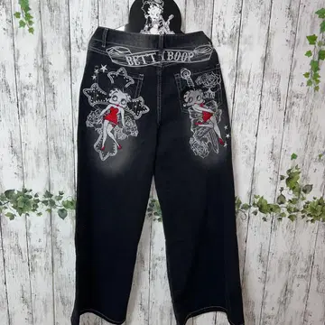 베티짱 와이드 팬츠 자수 베티 부프 데님 베티 데님 블랙