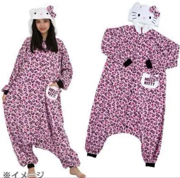 산리오 키티 후드 부착 룸웨어 핑크 레오파드 무늬 파자마
