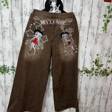 베티 짱 와이드 팬츠 자수 베티 부프 데님 베티 데님 브라운