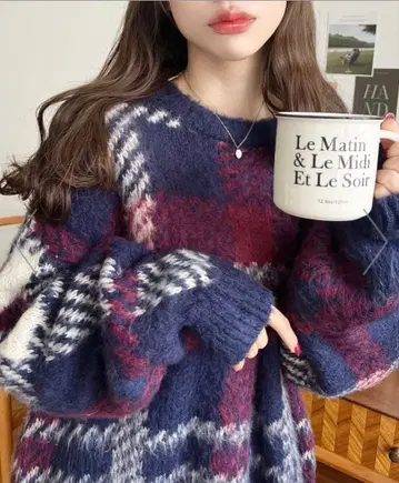 moment 체크 무늬 오버 사이즈 니트