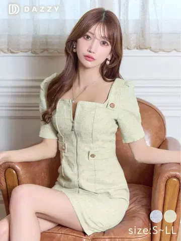 스퀘어넥 트위드 지퍼 반팔 타이트 미니 드레스 M 사이즈 데이지 그린