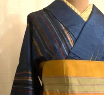 세련된 세로 줄무늬  기모노 파랑 블루 이중 기모노