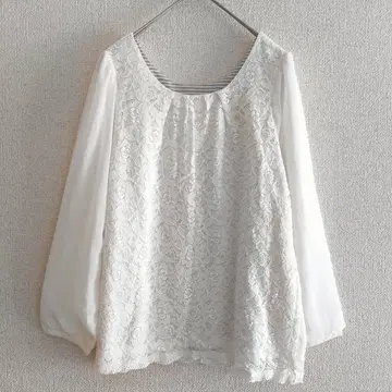 s0695 [애니시스] 긴팔 레이스 티셔츠 소매 쉬폰 절개 보더 무늬