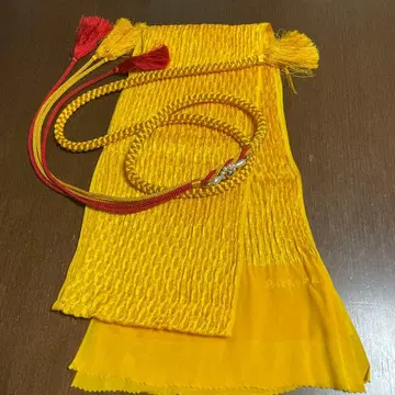 오비 장식 천 허리띠 세트 옐로우 컬러  크레이프 원단 성인식 순수 실크