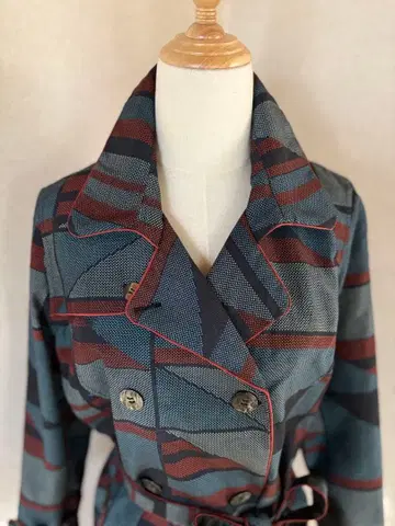 오시마 명주 기하학 패턴 트렌치코트 L~LL 기모노 리메이크