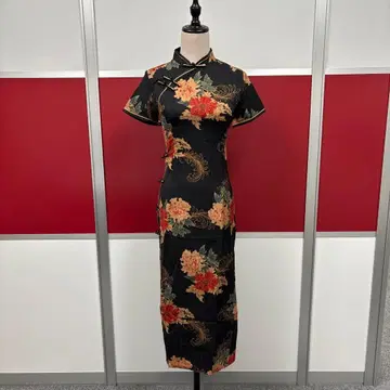 꽃무늬 차이나 드레스 반팔 블랙