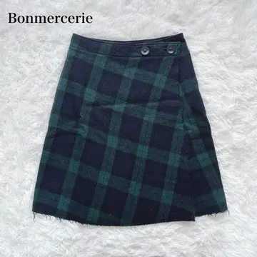 본머스리 체크 무늬 슬릿 스커트 A라인 플레어 일본제 울 혼방