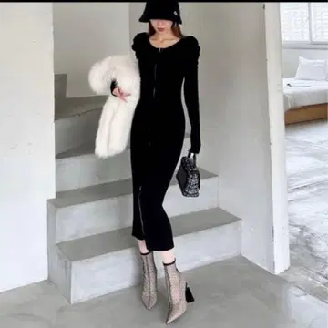 ROYALPARTY 파워숄더 더블 ZIP 타이트 니트 원피스