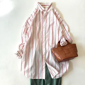 트래디셔널 웨더웨어 오버사이즈 스트라이프 셔츠 긴팔 빨간색 & 화이트