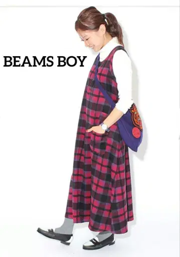 빔즈 보이 체크 무늬 면 원피스 오버롤 스커트