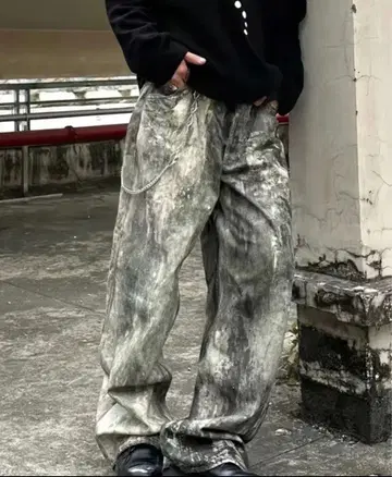 페인트 가공 그레이 와이드 팬츠 qs86